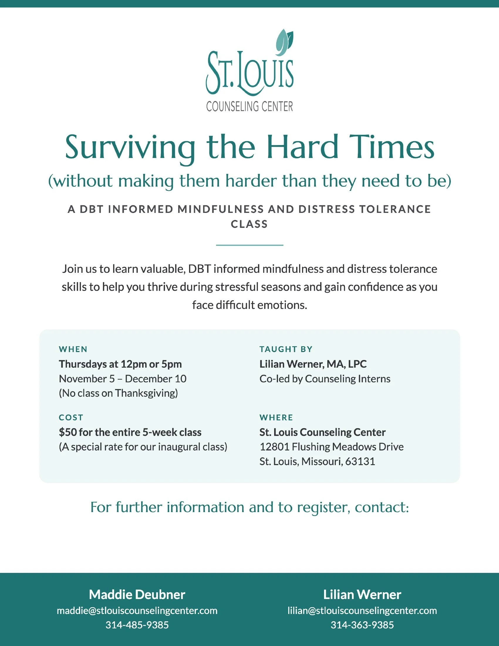 Surviving the Hard Times -- DBT skills class at St. Louis Counseling Center, Thursdays Nov 5 to Dec 10