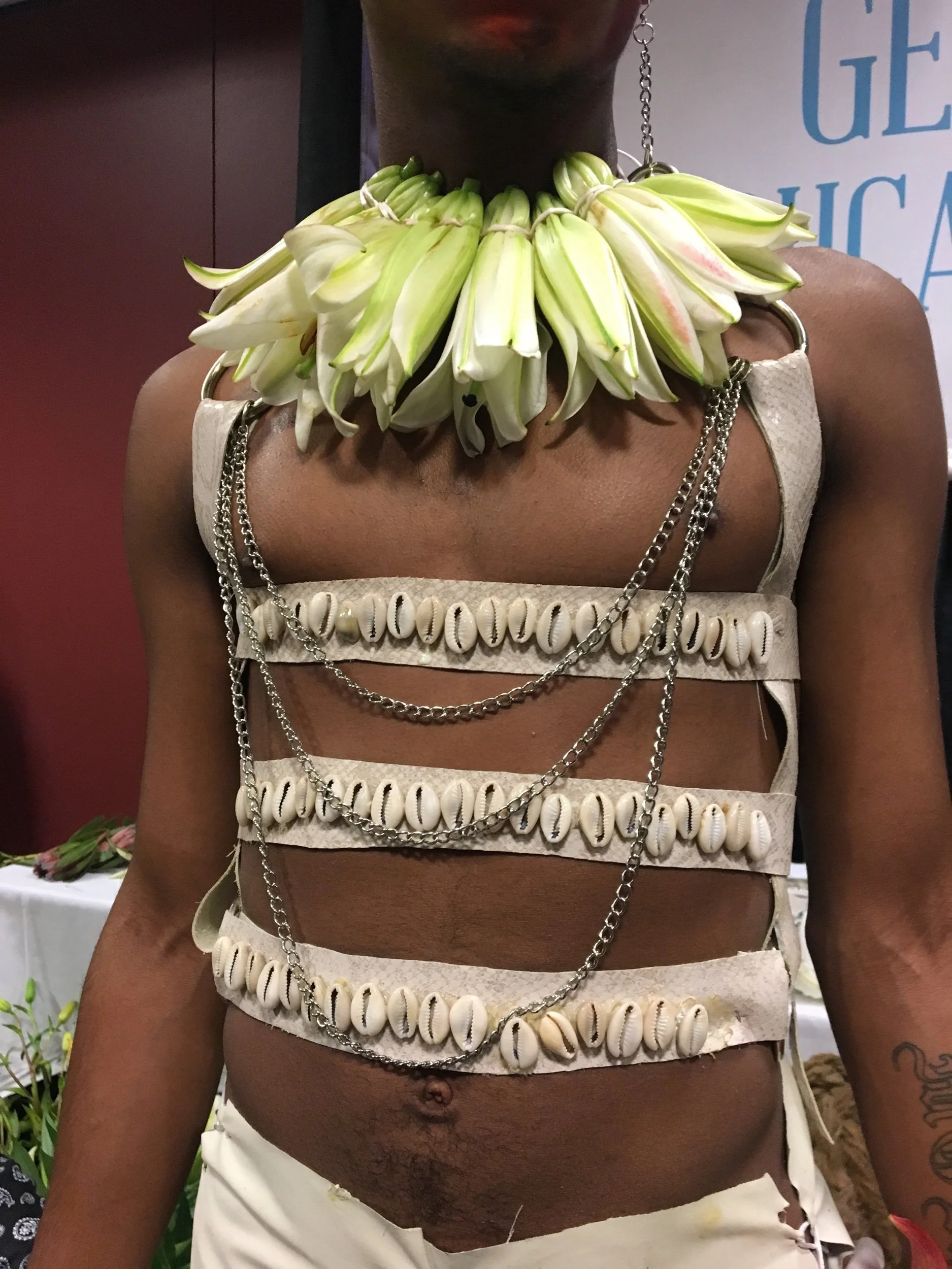  I was invited to create a garment created mostly out of organic materials. I created a design embodying the two spirit Yoruba deity Oshun.  