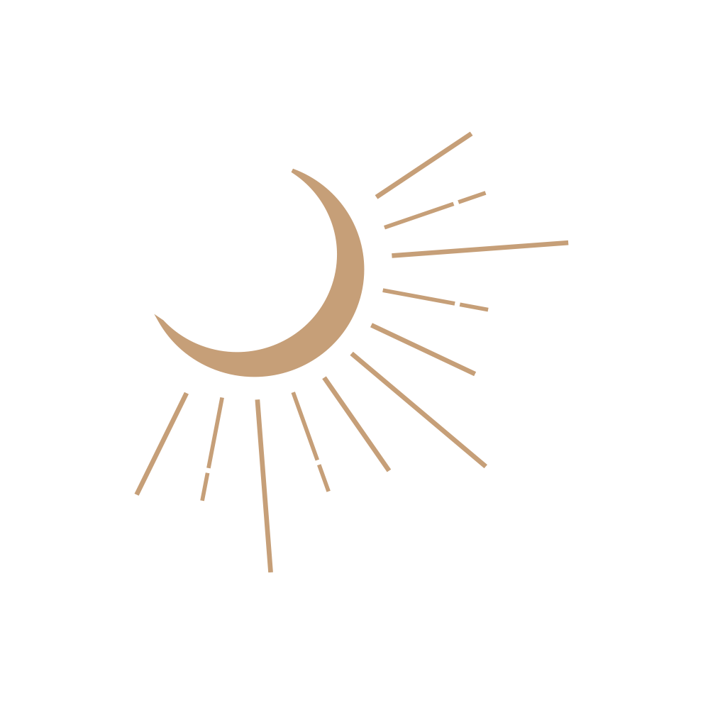 Crescent sun with rays in rose gold.