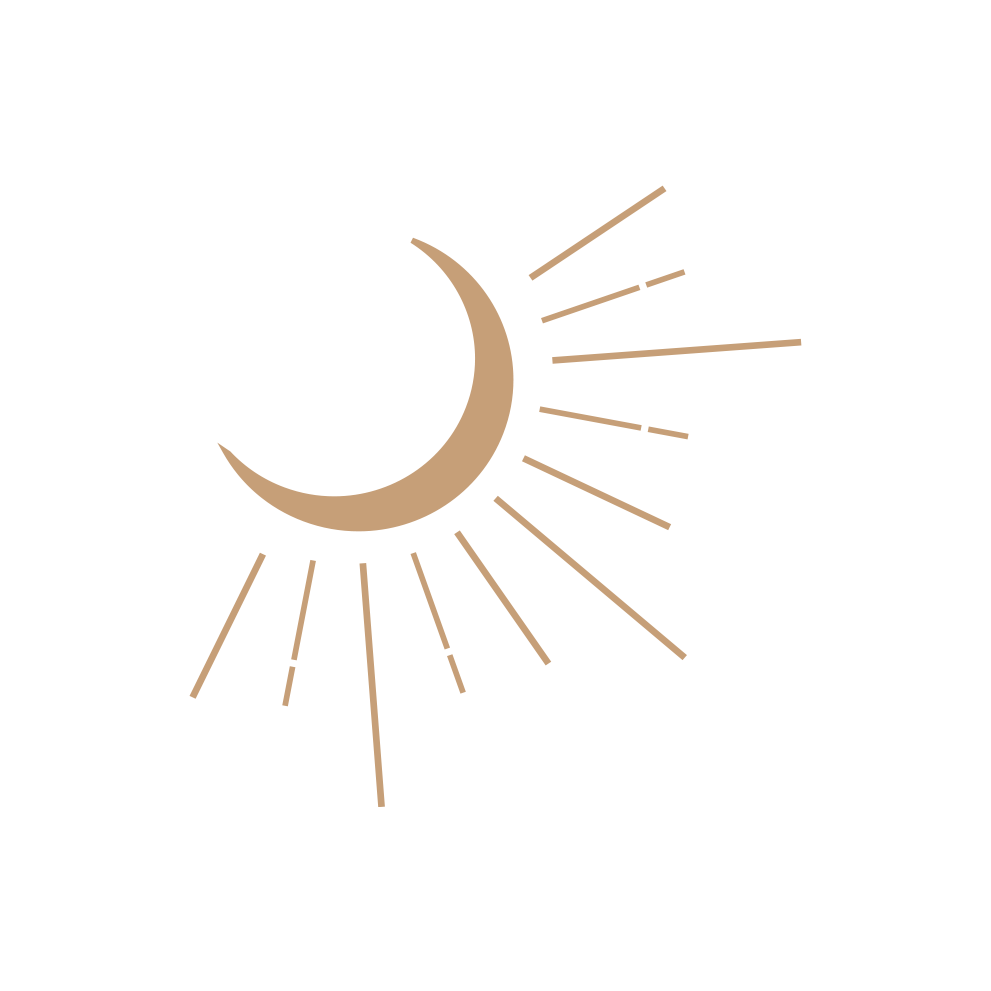 Crescent sun with rays in rose gold.