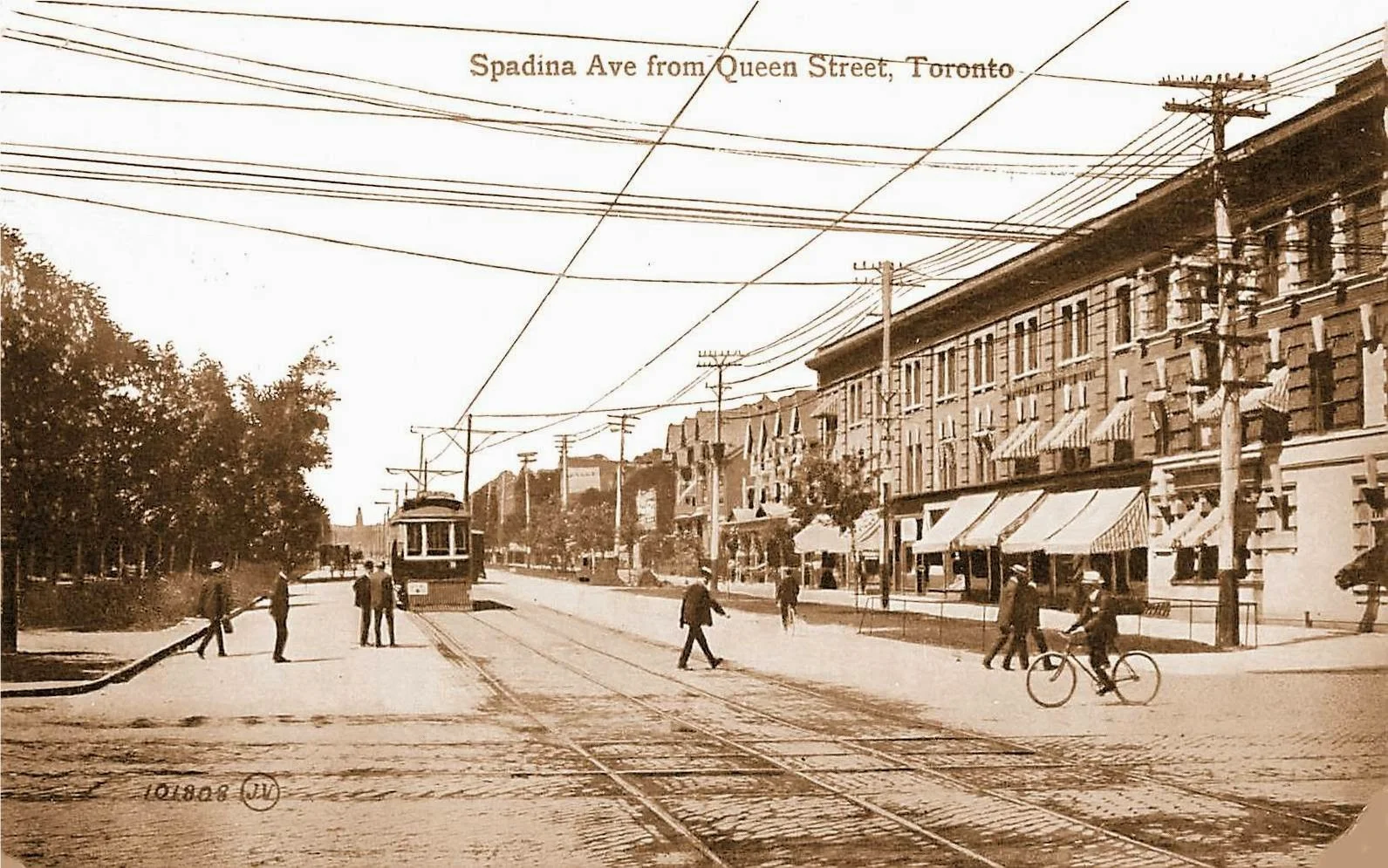 POSTCARD - TORONTO - SPADINA - NEAR QUEEN - LOOKING N - AWNINGS - BICYCLE - STREETCAR - NOTE PARKWAYS - c1910.jpg