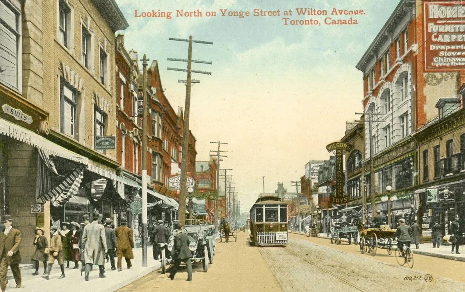 POSTCARD - TORONTO - YONGE STREET - LOOKING NORTH AT WILTON - MANY BUSINESS SIGNS - c1910.jpg