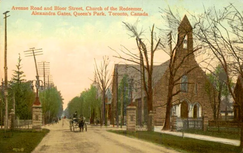 POSTCARD - TORONTO - AVENUE ROAD AND BLOOR - REDEEMER CHURCH - ALEXANDRA GATES - FRONT OF ORR BROTHERS RESTAURANT CARD - EARLY.jpg