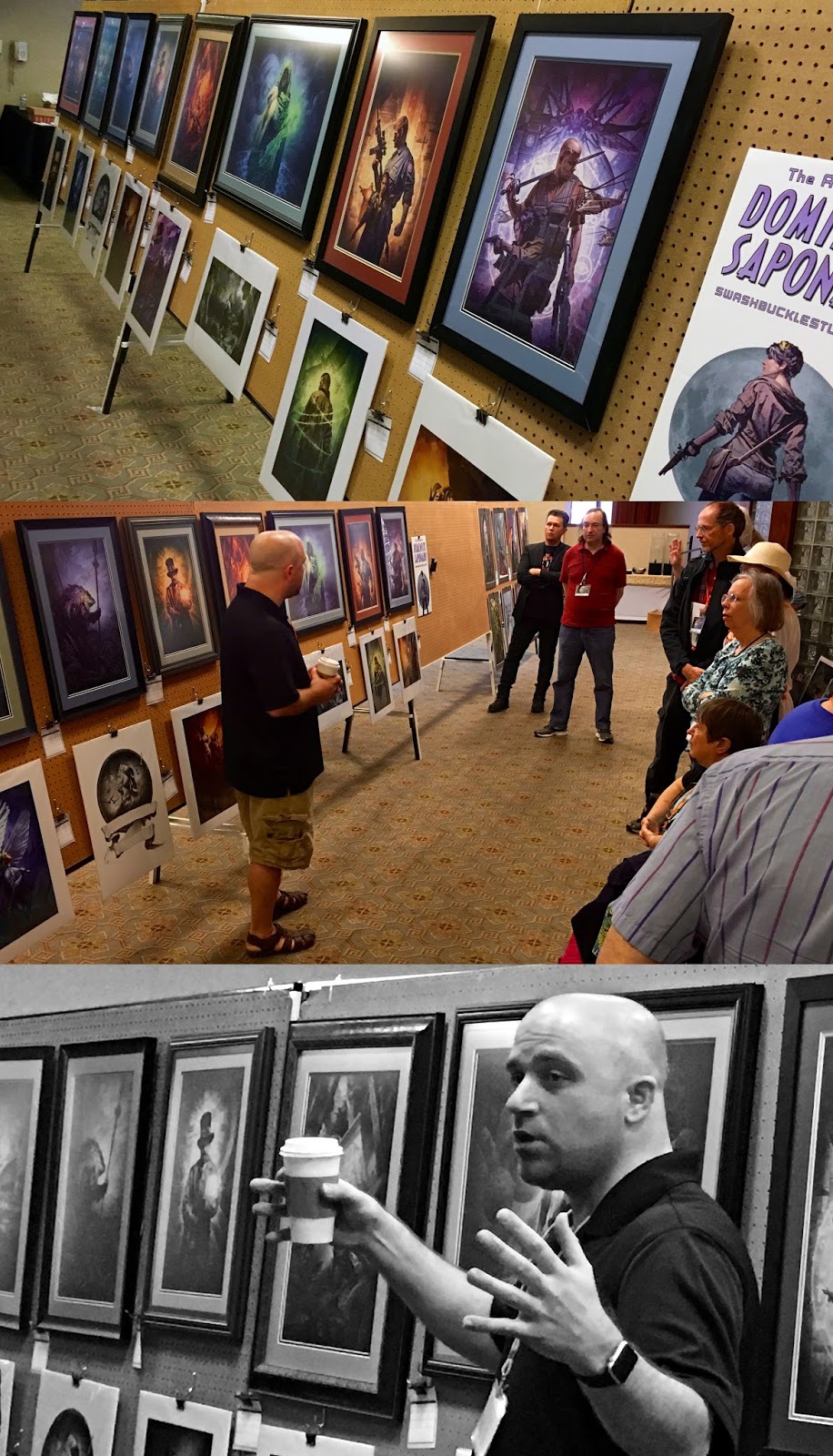 Top: My work on display in the art show. Middle: My guest artist interview panel hosted by the awesome John Picacio. Bottom: Talking with my hands and being very animated about my work!
