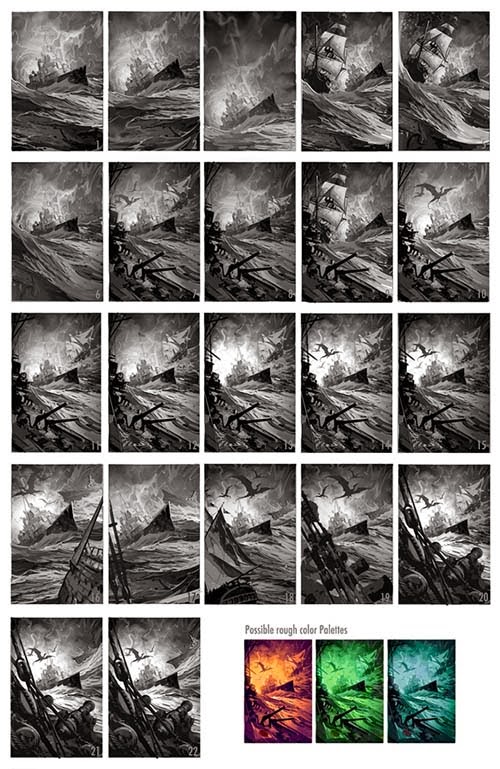 Thumbnails sketches for the first book in the series. Establishing shot showing all three major ships from the initial books.