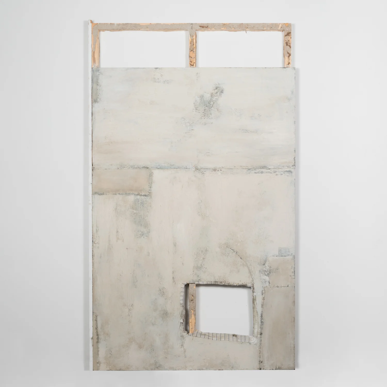   Poem that Doesn’t Rhyme   oil, sand, staples, linen on masonite  84” x 50” 