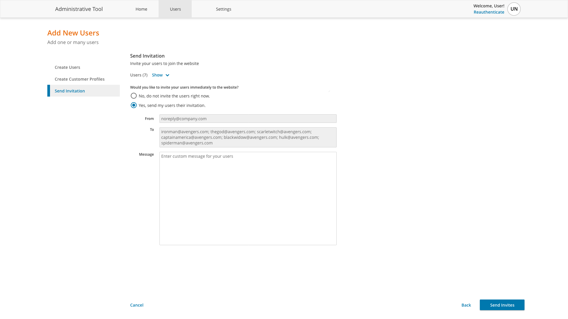 Option A - Send invitation to multiple users