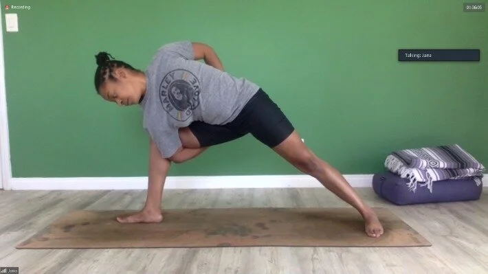 Pictured above, Jana demonstrates a Bound Side-Angle Pose — one of the asanas we studied this weekend.
