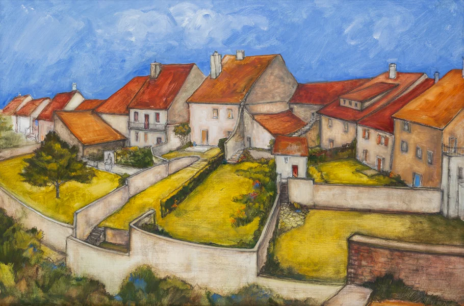 FRENCH VILLAGE OIL/PENCIL/CHARCOAL SOLD