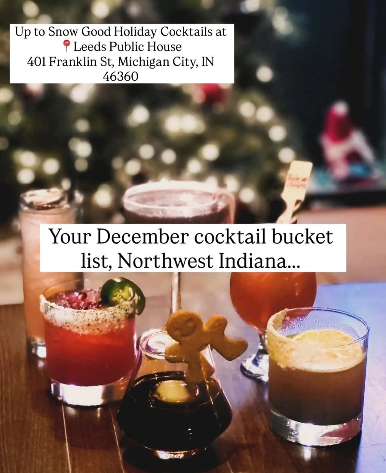 6 festive cocktails to try this December around Northwest Indiana. 

This roundup includes the Up to Snow Good holiday cocktails from Leeds Public House in Michigan City.

Image via @leedspublichouse

Here is where to find each one:

Leeds Public Hou