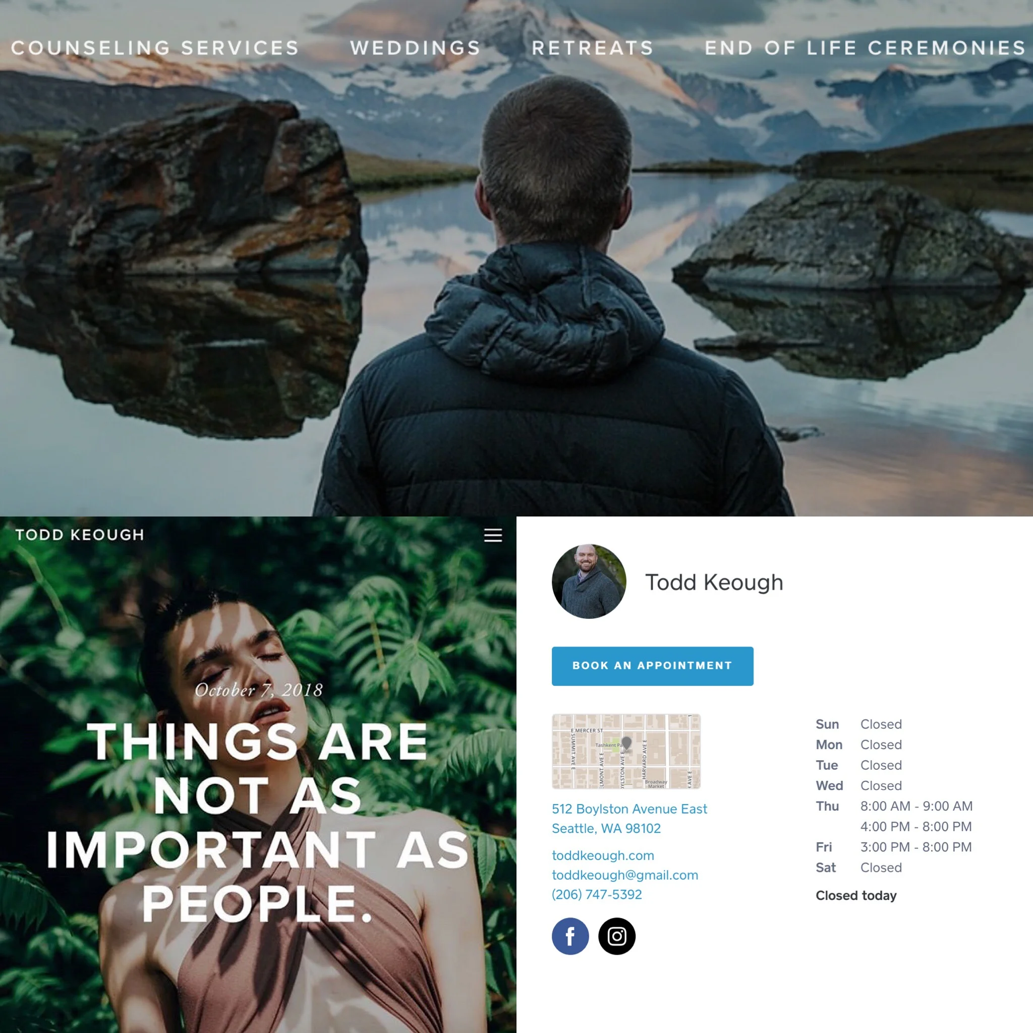 Todd Keough Spiritual Counseling I created a website for Todd that integrated with an appointment system that accepted financial transactions. I also manage his social media accounts and blog.