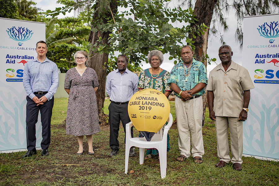Representatives from Vocus, the Australian High Commission, Honiara, SISCC and traditional landowners association with the Solomon Islands Prime Minister Sogavare 