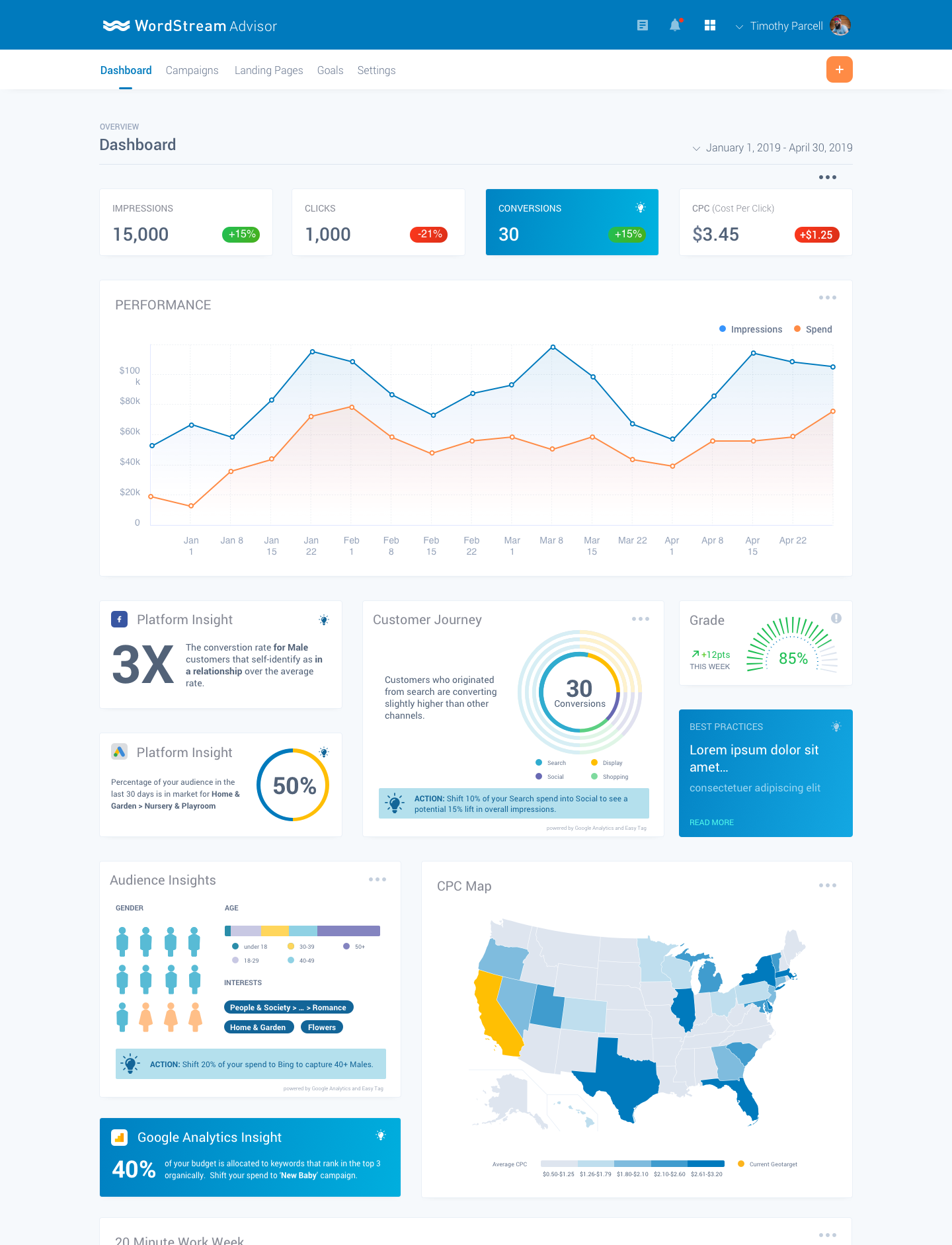 WordStream "Moonshot". A complete reimagining of the main experience to provide richer data visualization and engagement.