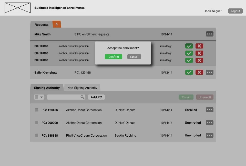 Enrollment Acceptance. A tiered user system required owner/operators to approve access.