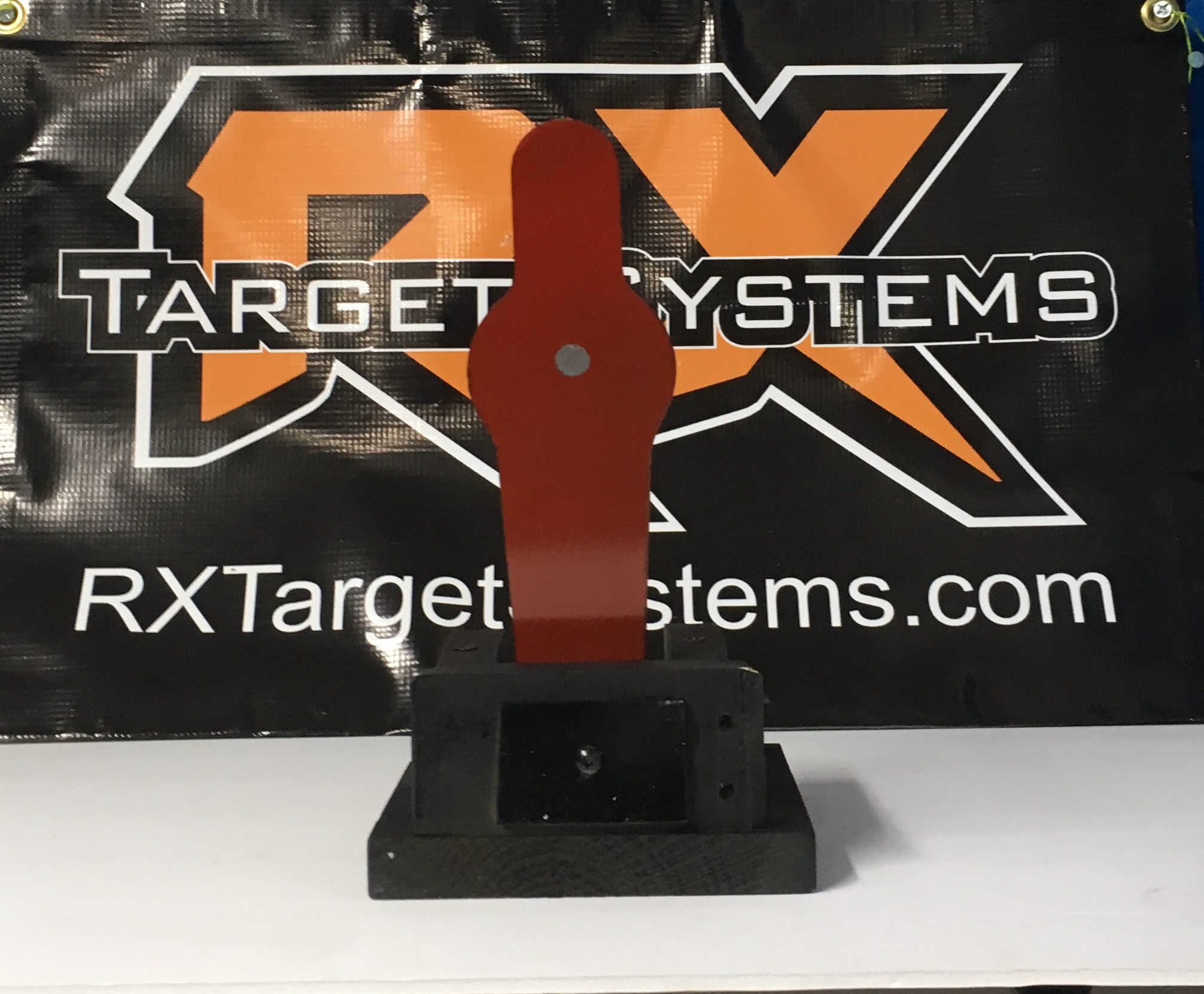 Rx Solo Silhouette, solid wood and powder coated steel. Colors available include burnt orange, red, black, yellow, and white. Shown here , 20 gauge steel silhouette, manual reset.