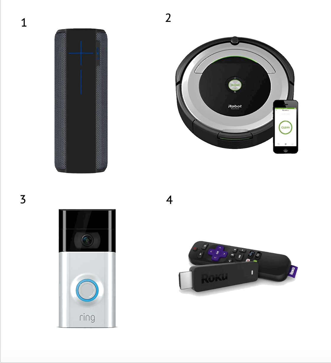 1. Mega Boom Speaker 2. iRobot Roomba 3. Ring Home Security 4. Roku Stick