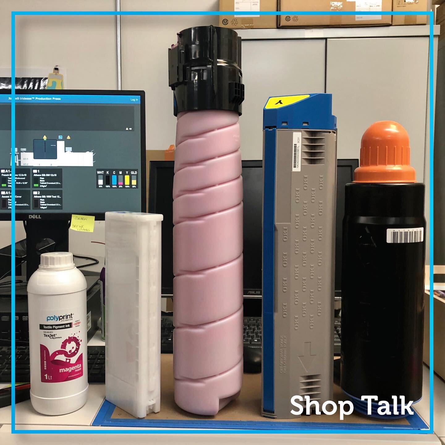 #wpshoptalk! We talk a lot about paper here, this is the other thing we use here: #ink and #toner 
In order: textile ink
Large format epson
Next is out workhorse: the xerox
Envelope printer (only the yellow is triangular, the others are rectangular f