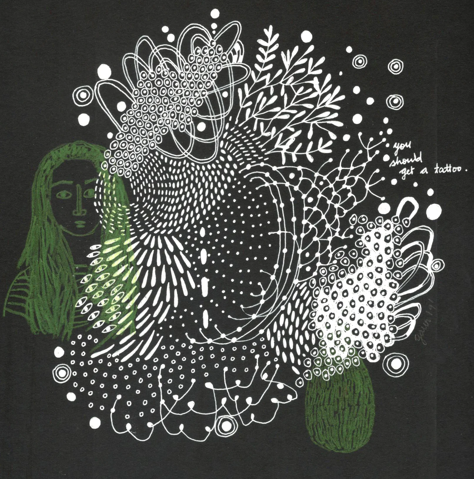 The should according to a friend. 9 in. X 12 in. White ink pen on acid free coal black paper.