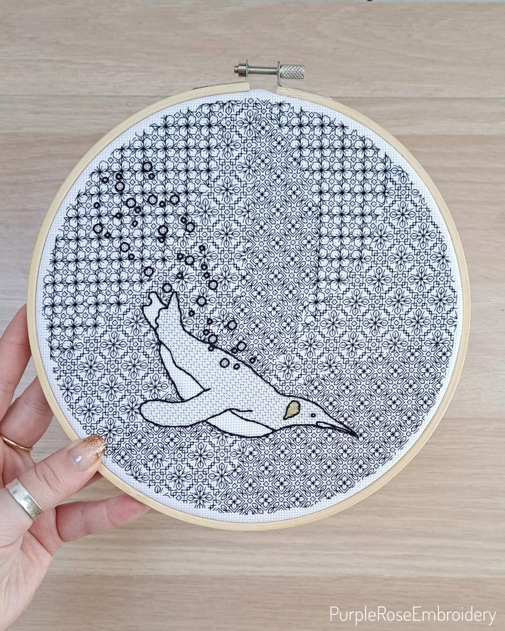 Humphrey the Whale, Blackwork Embroidery Kit — Purple Rose