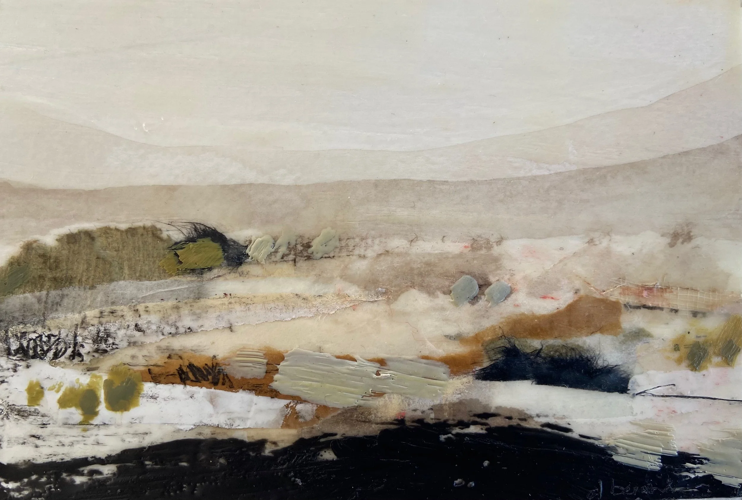 Abstract painting with layered brushstrokes in neutral tones and patches of black and yellow.