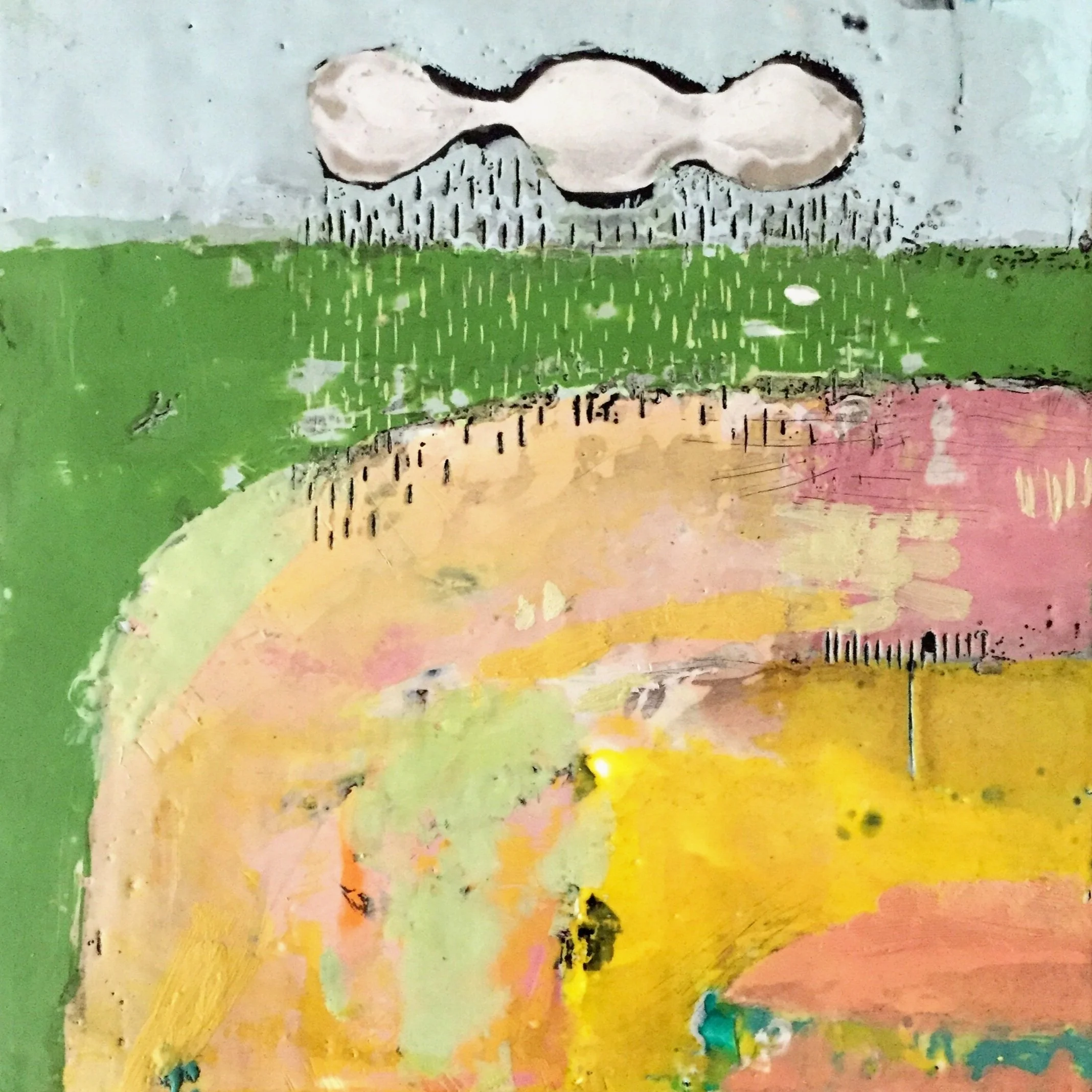 Colorful, weathered street art featuring a bone-shaped design outlined in black, with painted rain drops and a vibrant background with vertical and horizontal paint streaks in shades of green, pink, yellow, and orange.