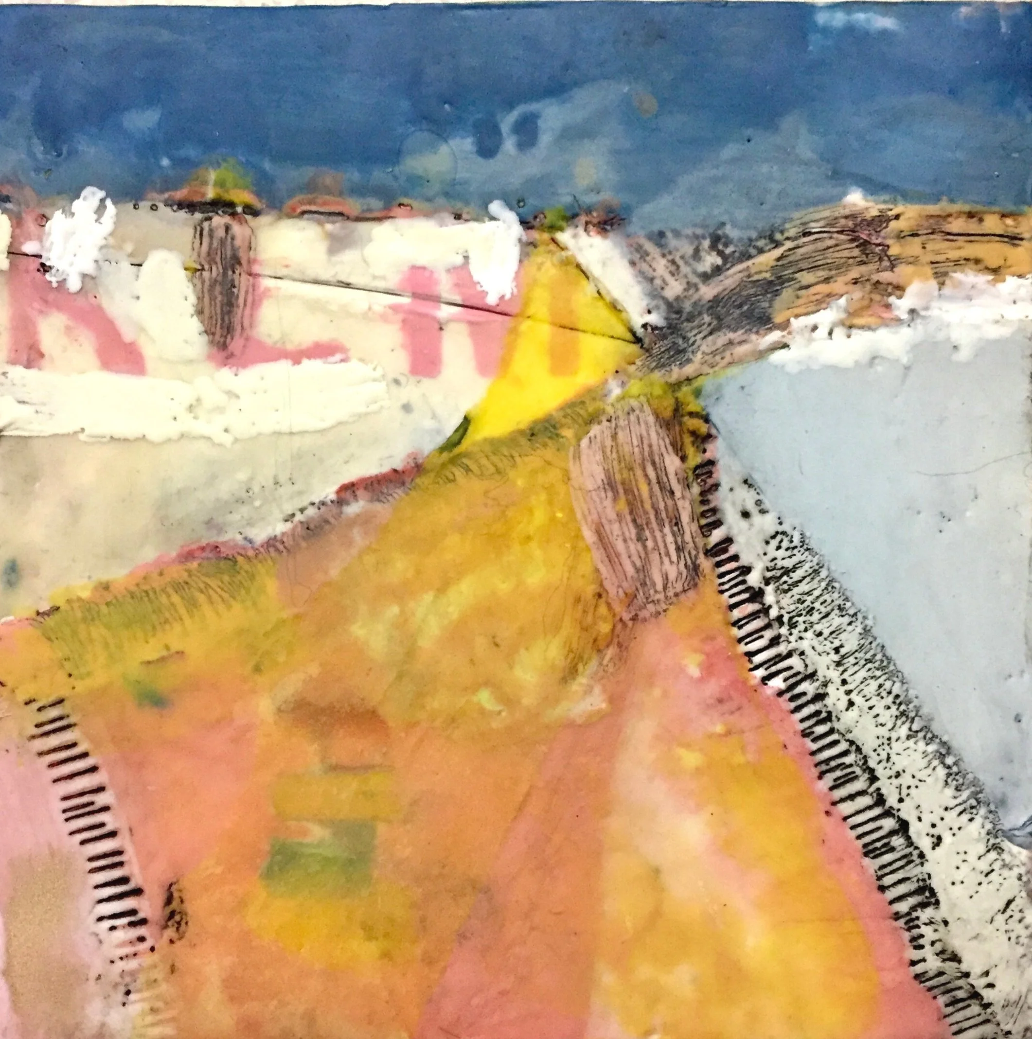 Close-up of a colorful, textured painting with various brushstrokes, abstract patterns, and a mix of yellow, pink, orange, green, and black colors.