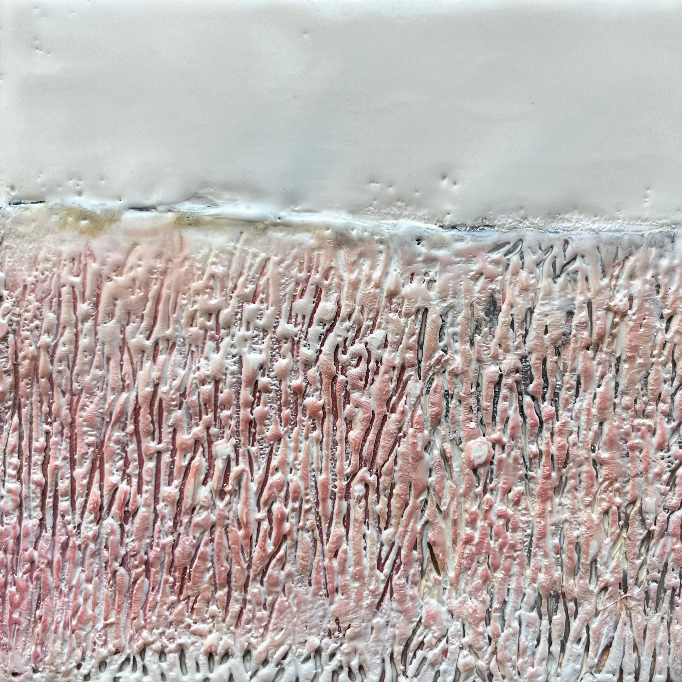 textured encaustic abstract landscape painting with soft pink and neutral color with pigment and beeswax