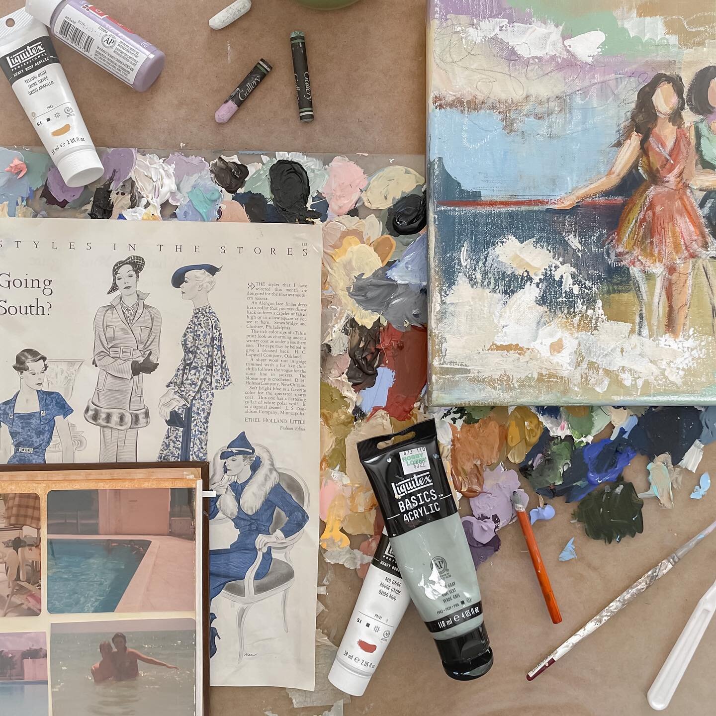 A big ol mish-mash of all the thing that went into this collection. Old family photos, vintage magazines, oil pastels, lots of paint &amp; love!
⠀⠀⠀⠀⠀⠀⠀⠀⠀
Sending out my collection preview tomorrow where you can see all the paintings + details about 
