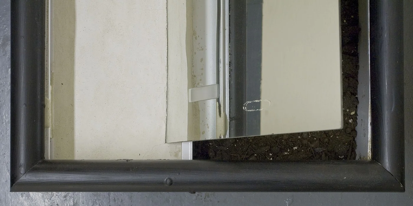 mother and father - detail 3. concrete, soil, mirror in found medicine cabinet. 2013