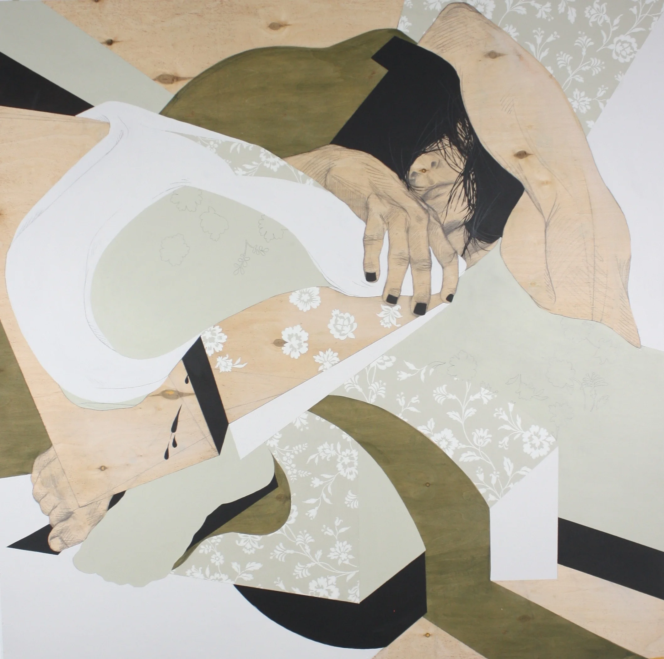 cold feet. graphite, acrylic, wallpaper on wood. 2018. 48" x 48"