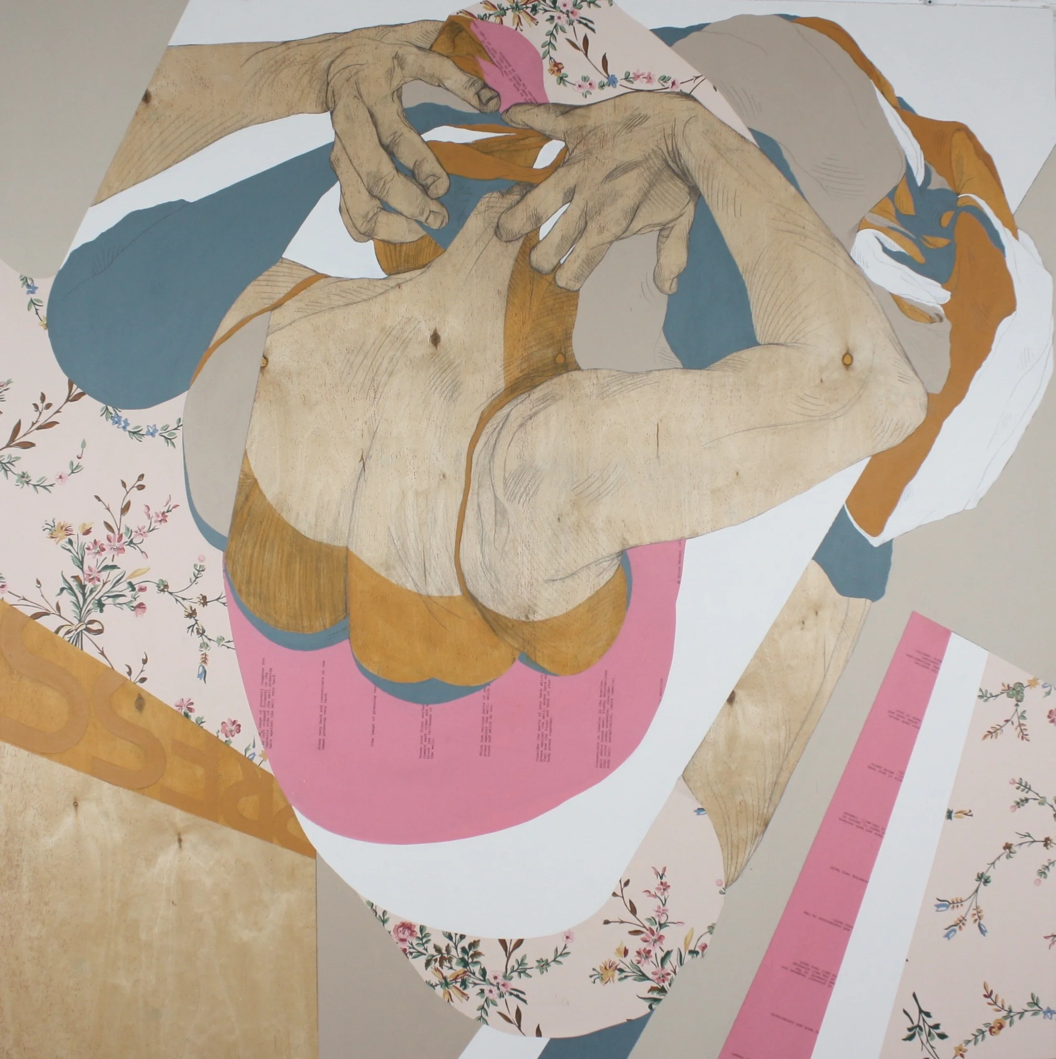Press, concentrate (with Nauman). graphite, acrylic, wallpaper on wood. 2018. 48" x 48"