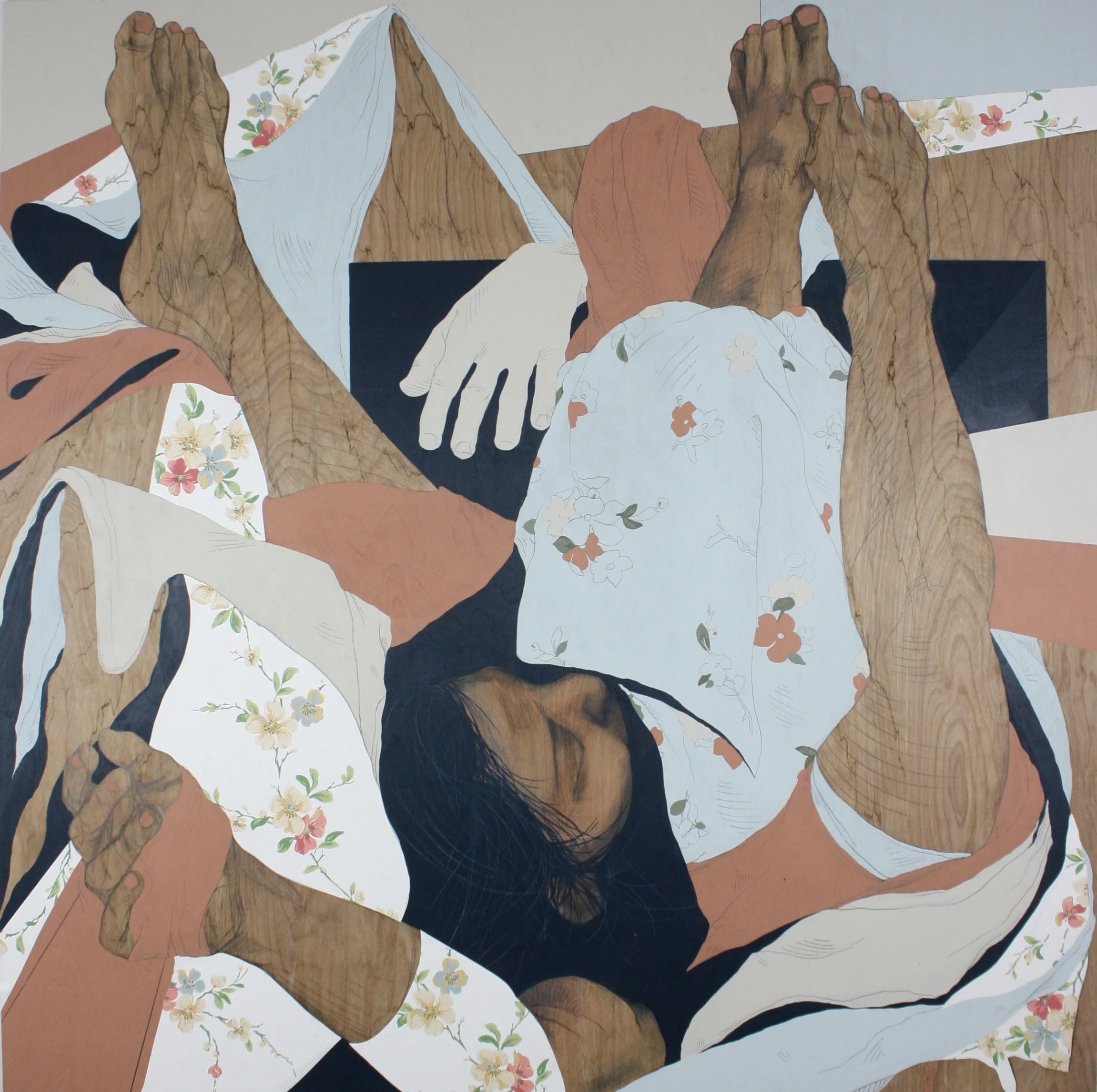 down to you. graphite, acrylic, wallpaper on wood. 2018. 48" x 48"