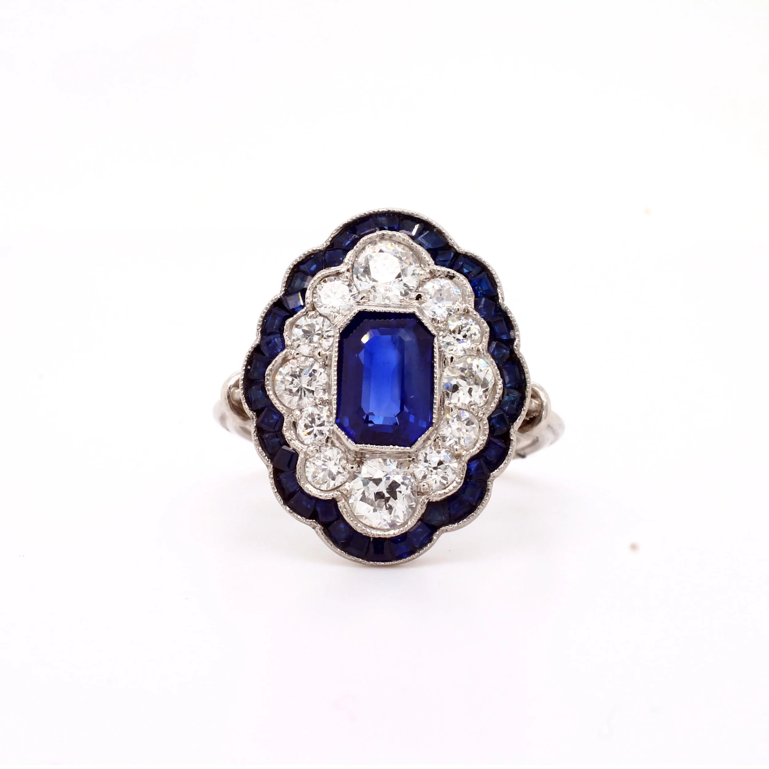 Edwardian Style Sapphire &amp; Diamond Cluster Ring