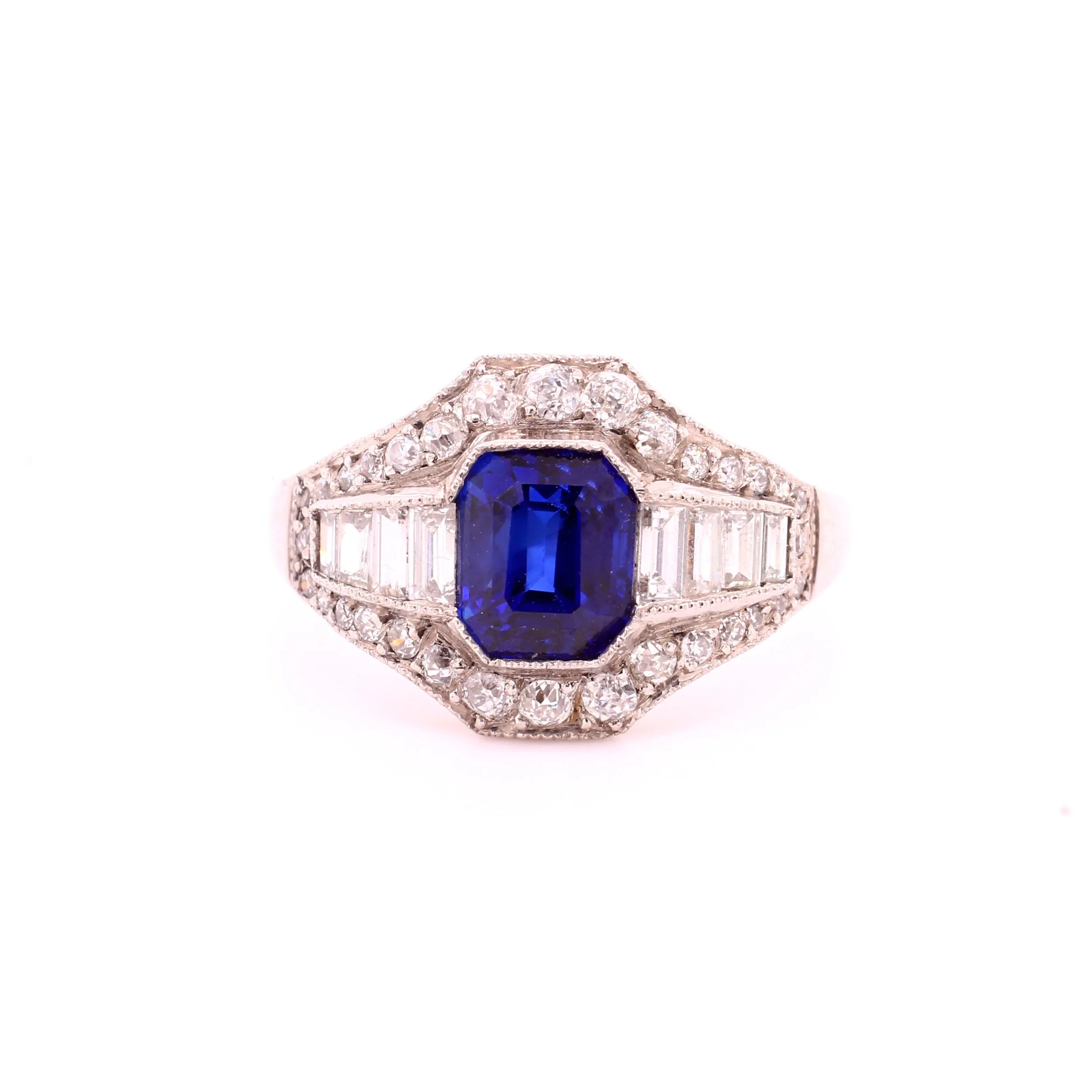 Art Deco Style Sapphire &amp; Diamond Step Down Cluster Ring