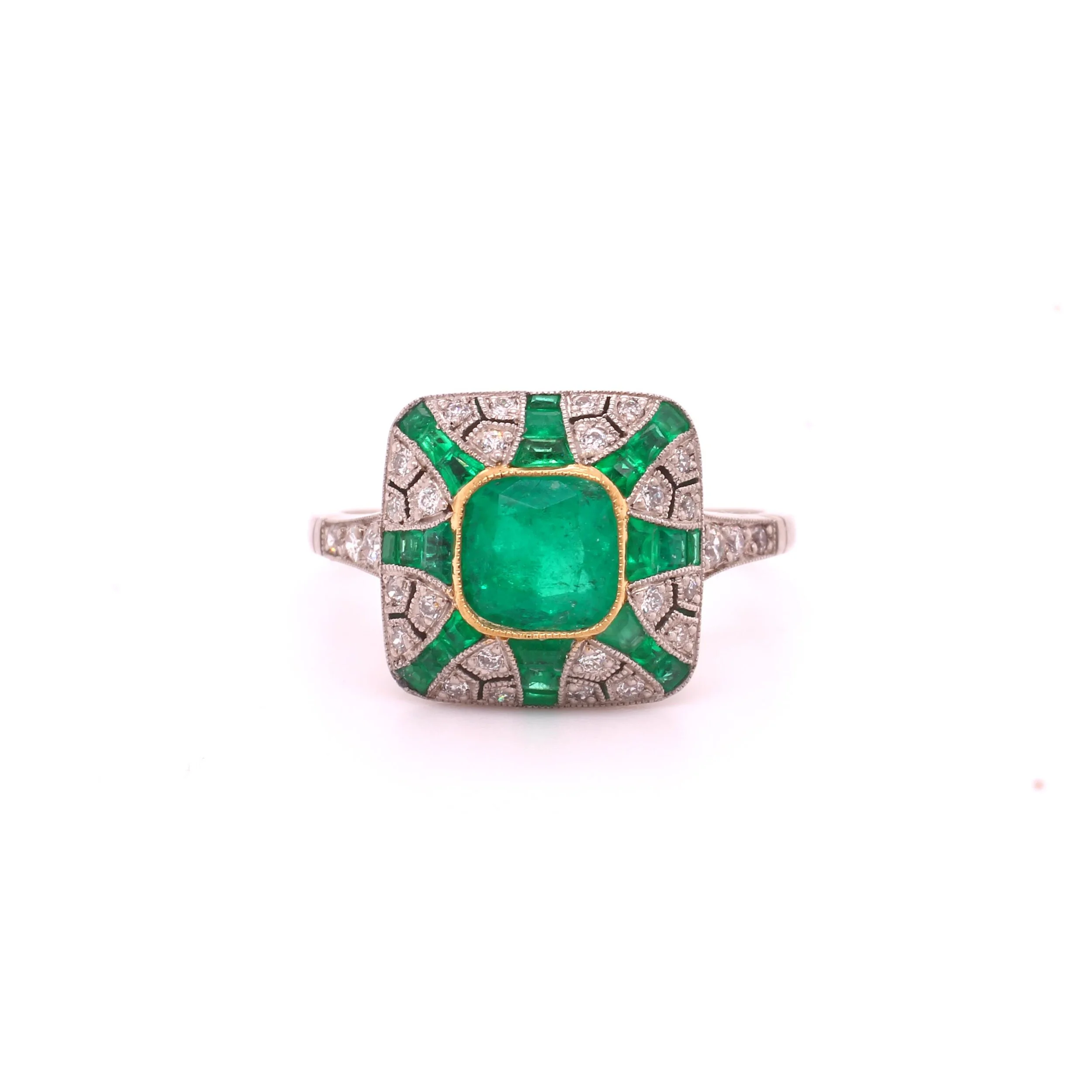 Art Deco Style Emerald &amp; Diamond Cluster Ring