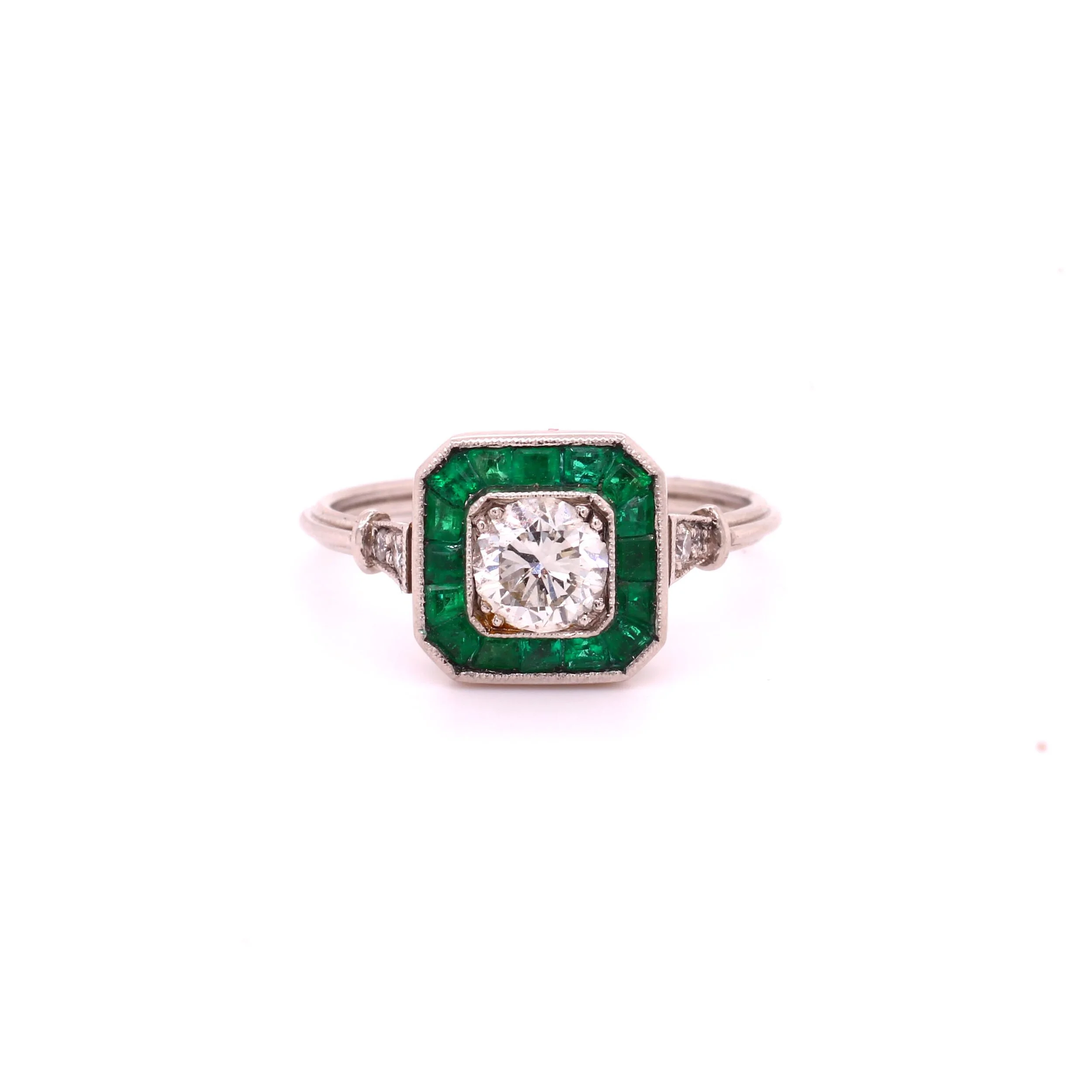 Art Deco Style Emerald &amp; Diamond Square Cluster Ring