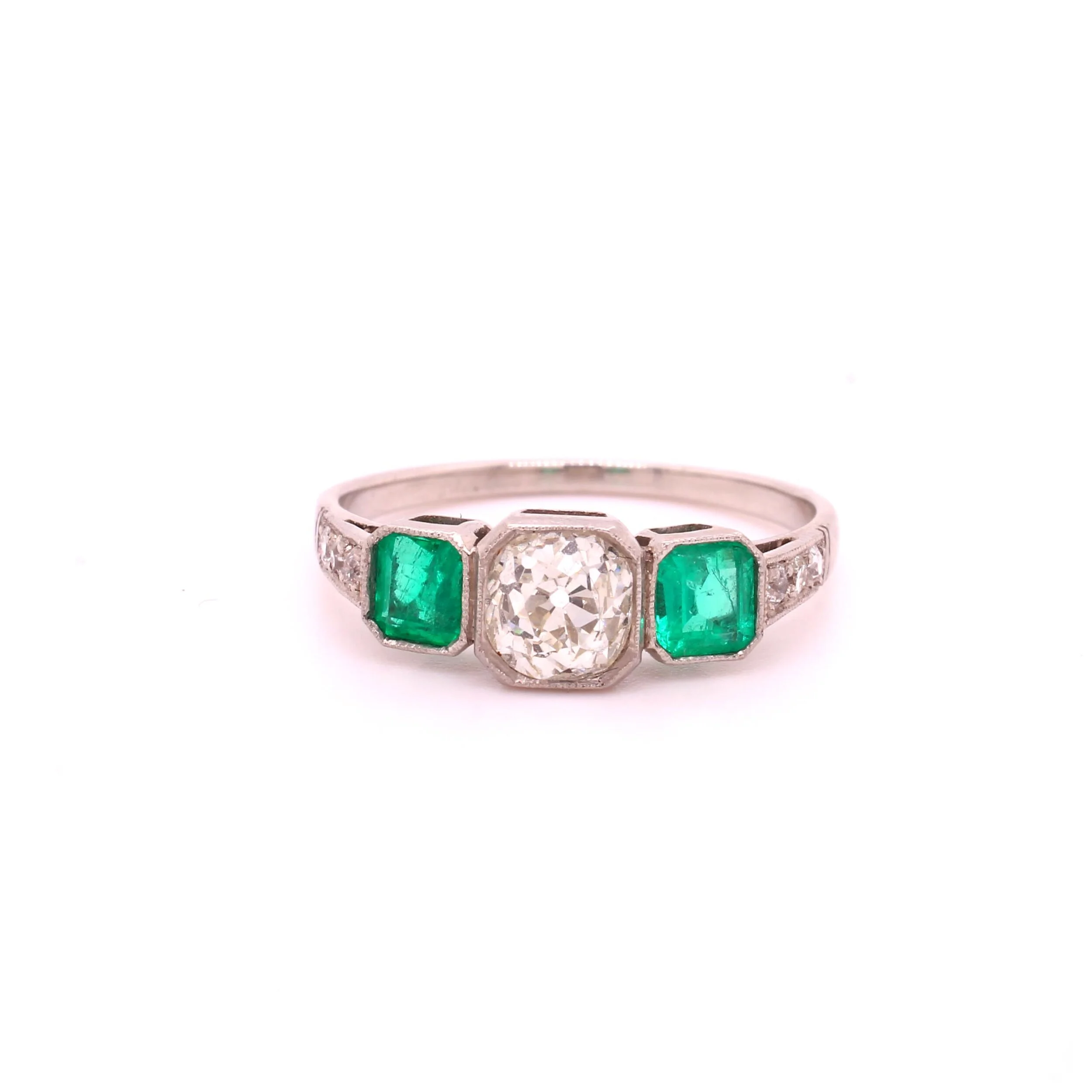Art Deco Style Emerald &amp; Diamond 3 Stone Ring