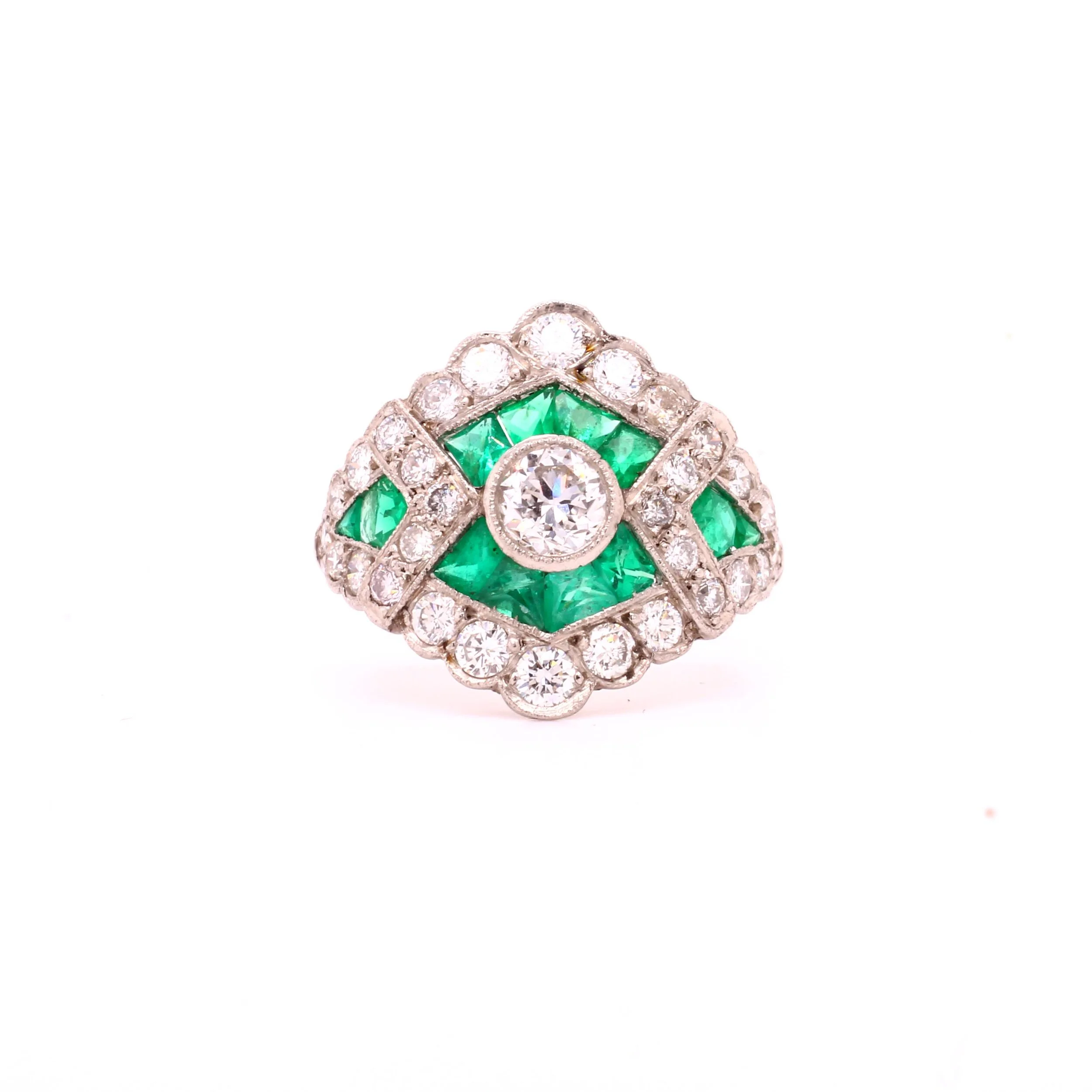 Art Deco Style Emerlad &amp; Diamond Bombe Ring