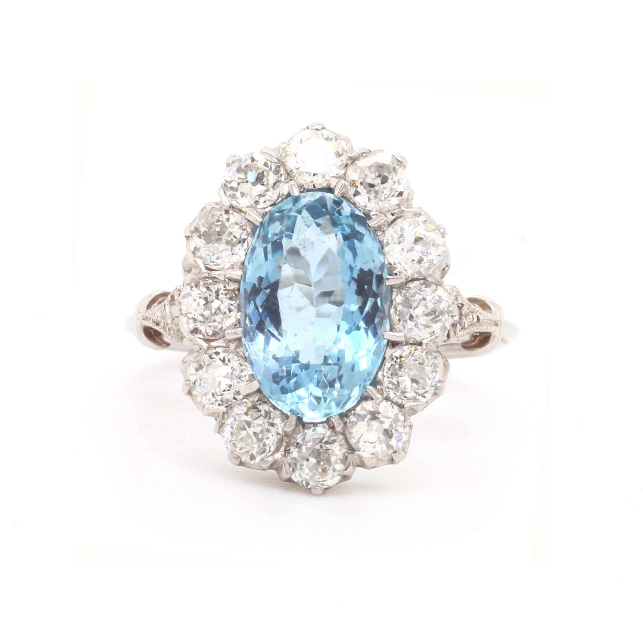 Art Deco Style Oval Aquamarine &amp; Diamond Cluster Ring