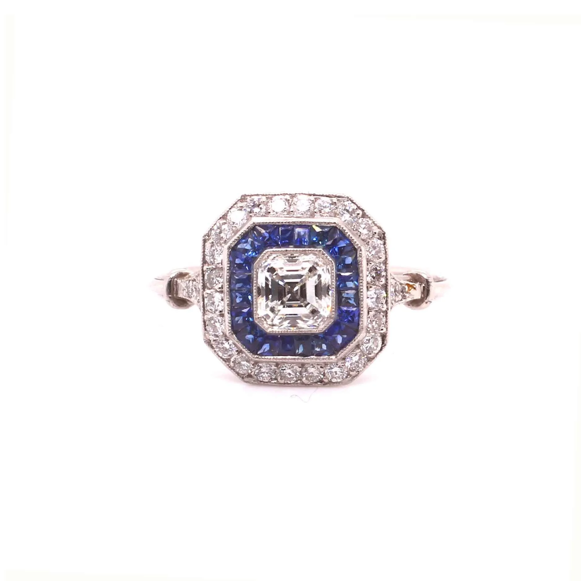 Art Deco Style Ascher Cut Sapphire &amp; Diamond Target Cluster Ring