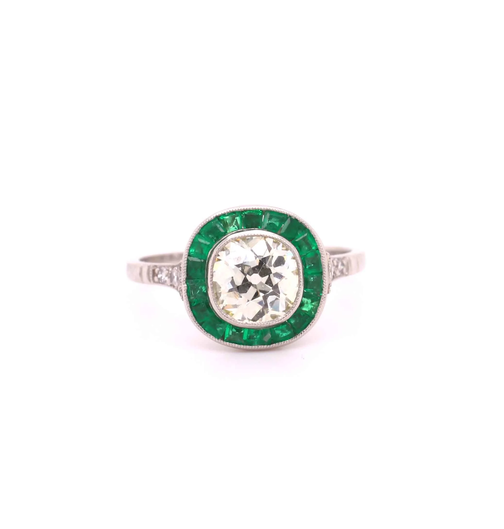 Art Deco Style Emerald &amp; Diamond Target Cluster Ring