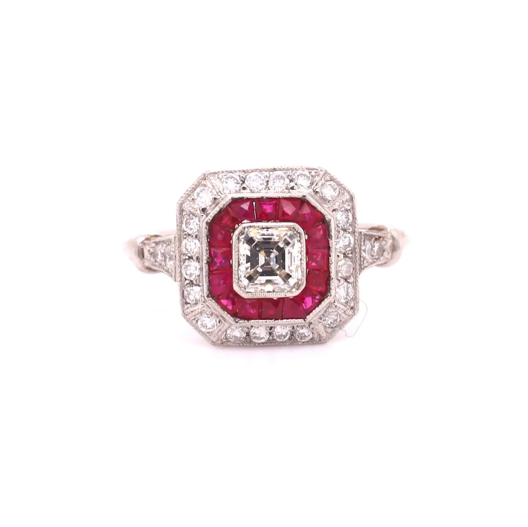 Art Deco Style Ascher Cut Diamond &amp; Ruby Target Cluster Ring