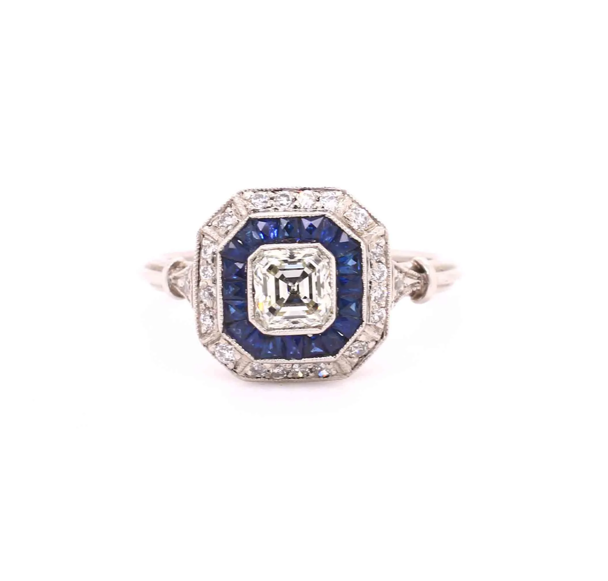 Art Deco Style Sapphire &amp; Diamond Square Target Cluster Ring