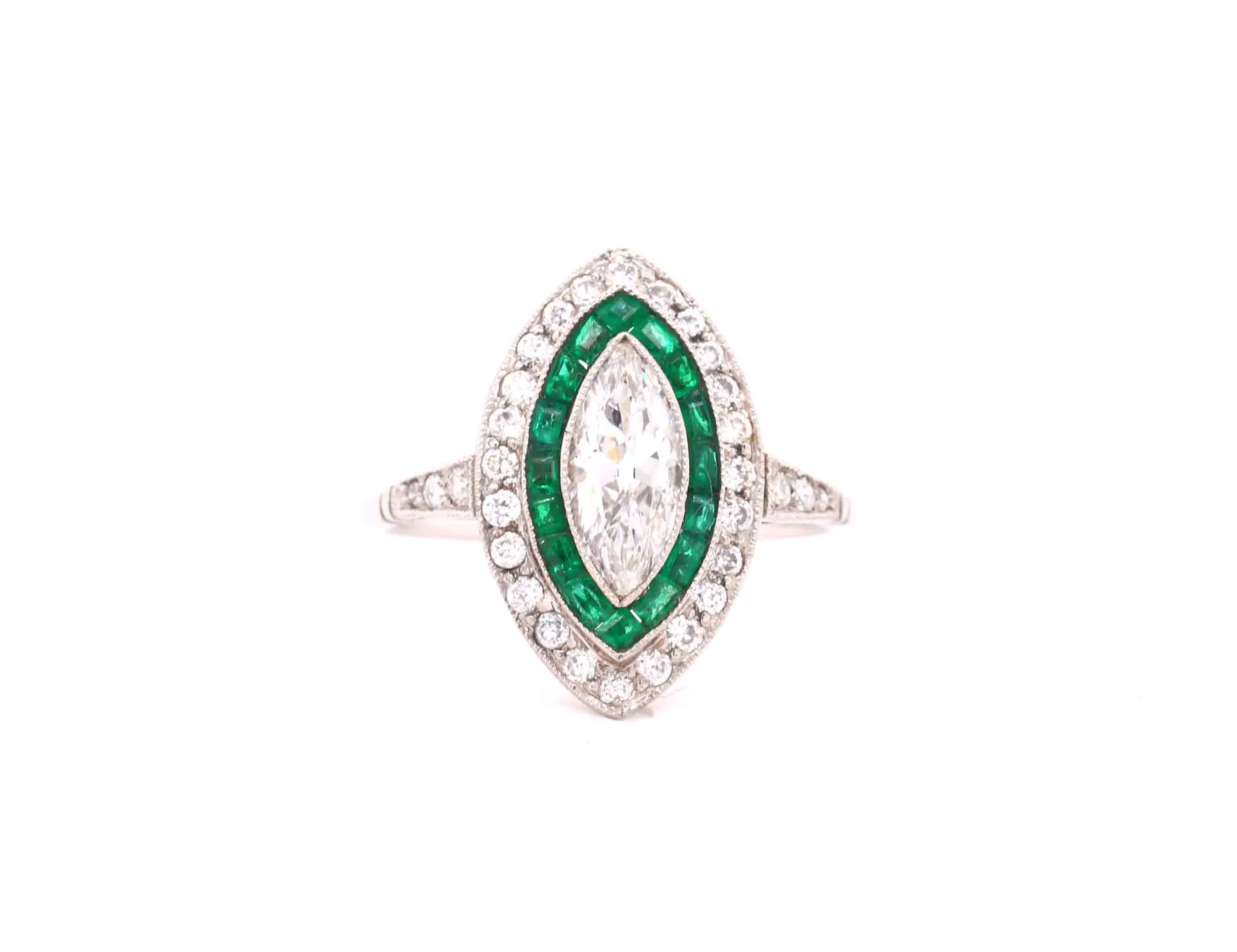 Art Deco Style Emerald &amp; Diamond Marquis Target Ring 