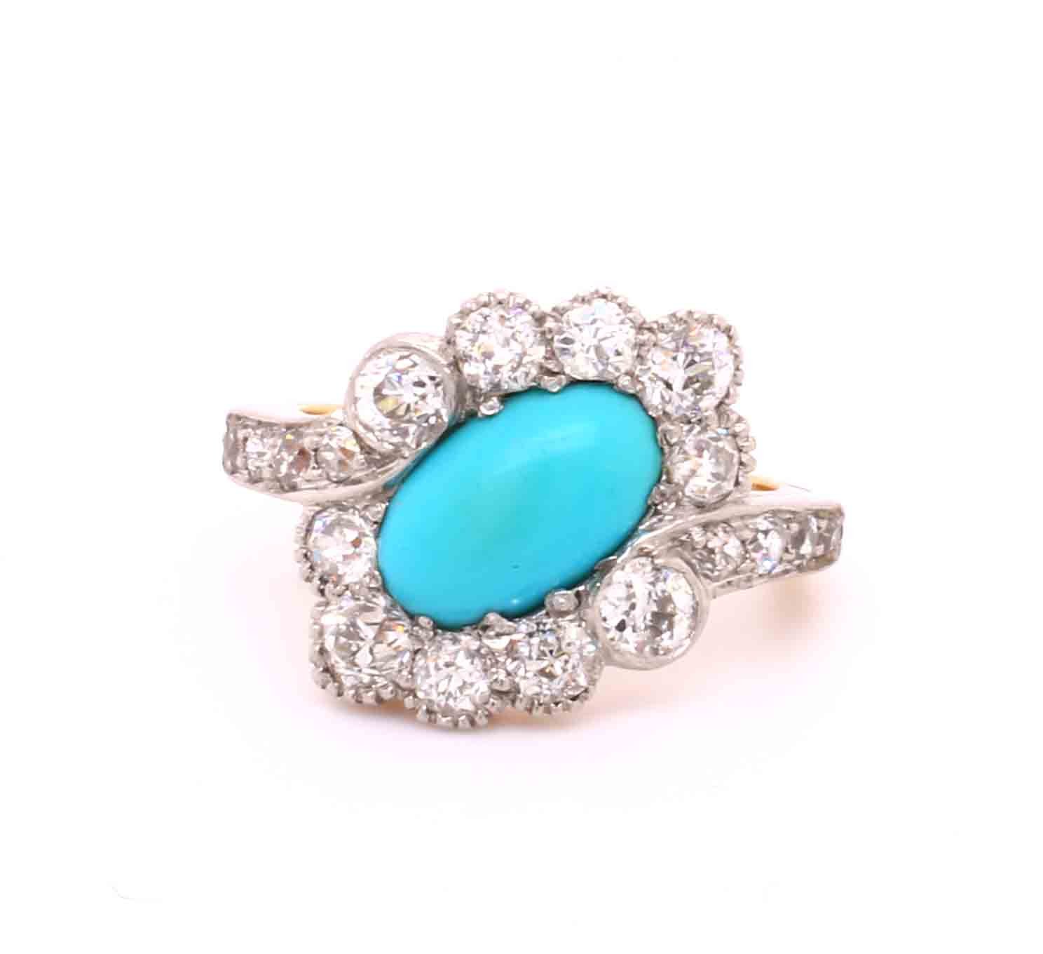 Victorian Cabochon Turquoise & Diamond Cluster Ring