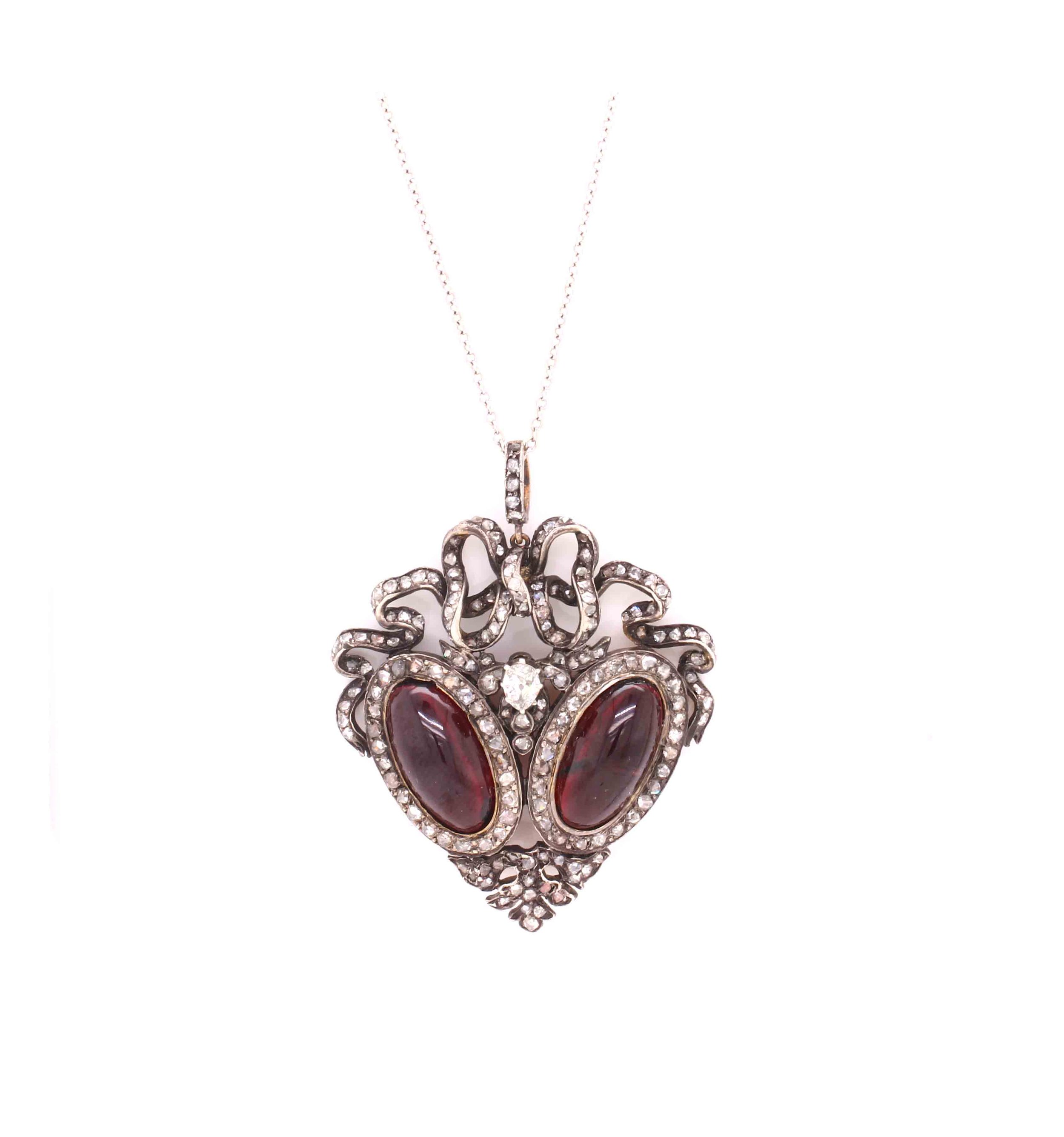Georgian Cabochon Garnet & Diamond Pendant