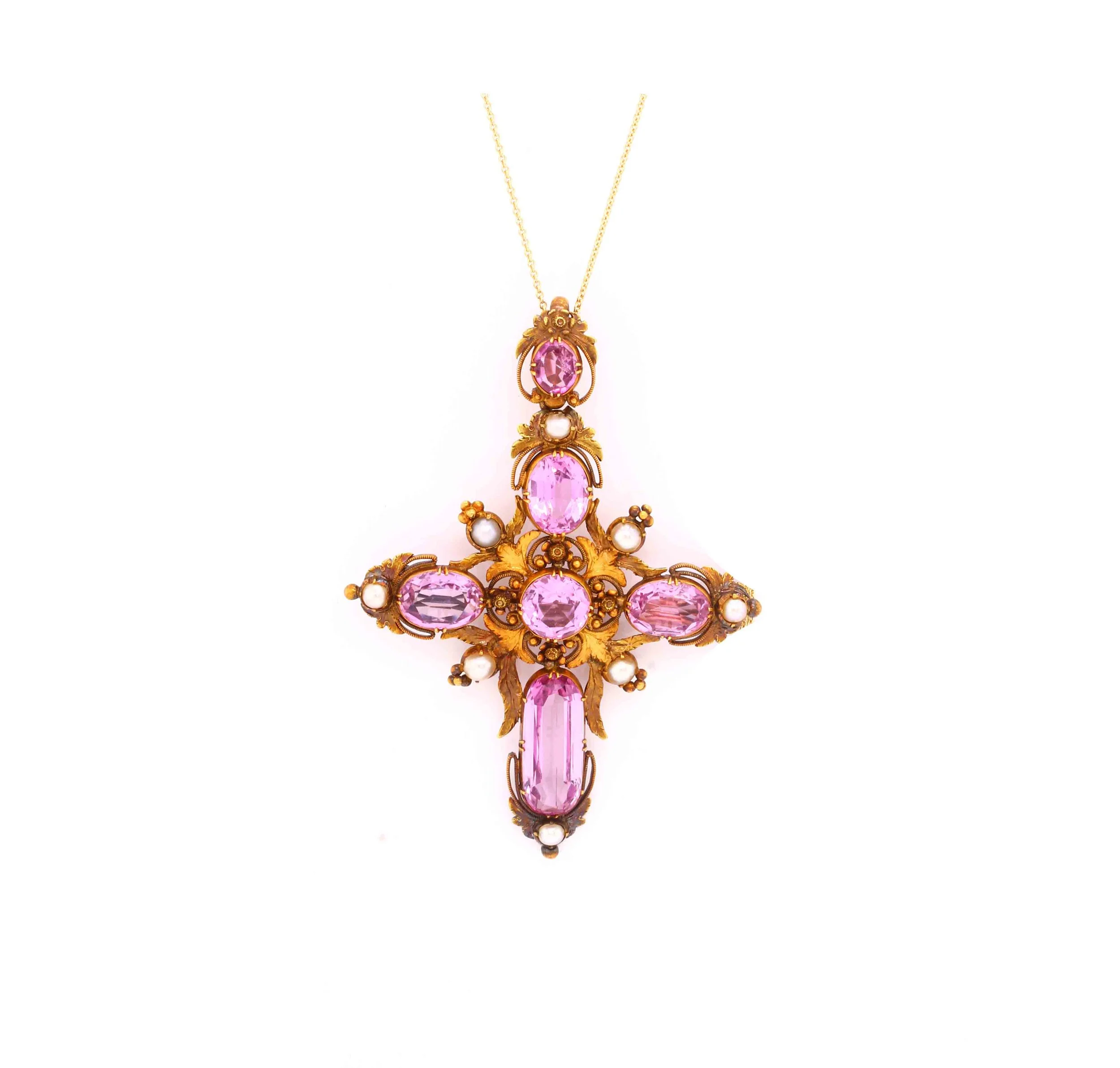 Early Victorian Pink Topaz and Pearl Cross Pendant Brooch