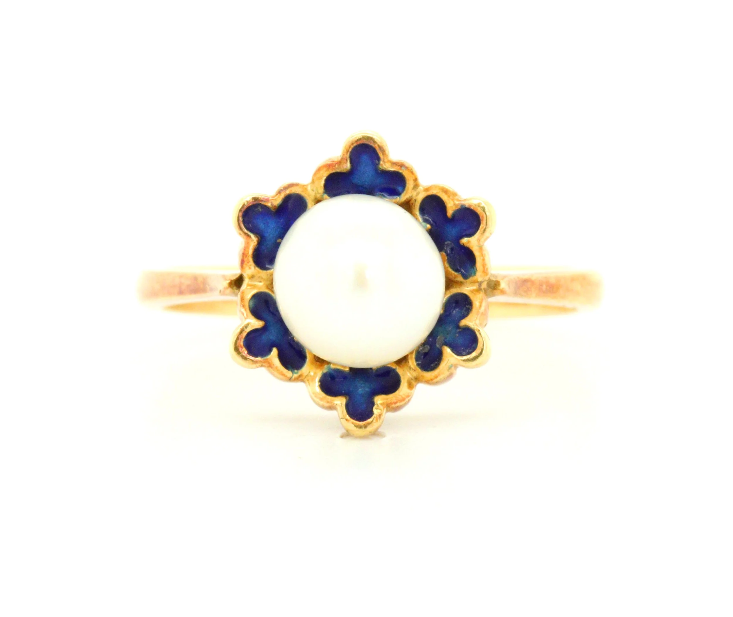 Vintage Natural Pearl and Blue Enamel Cluster Ring