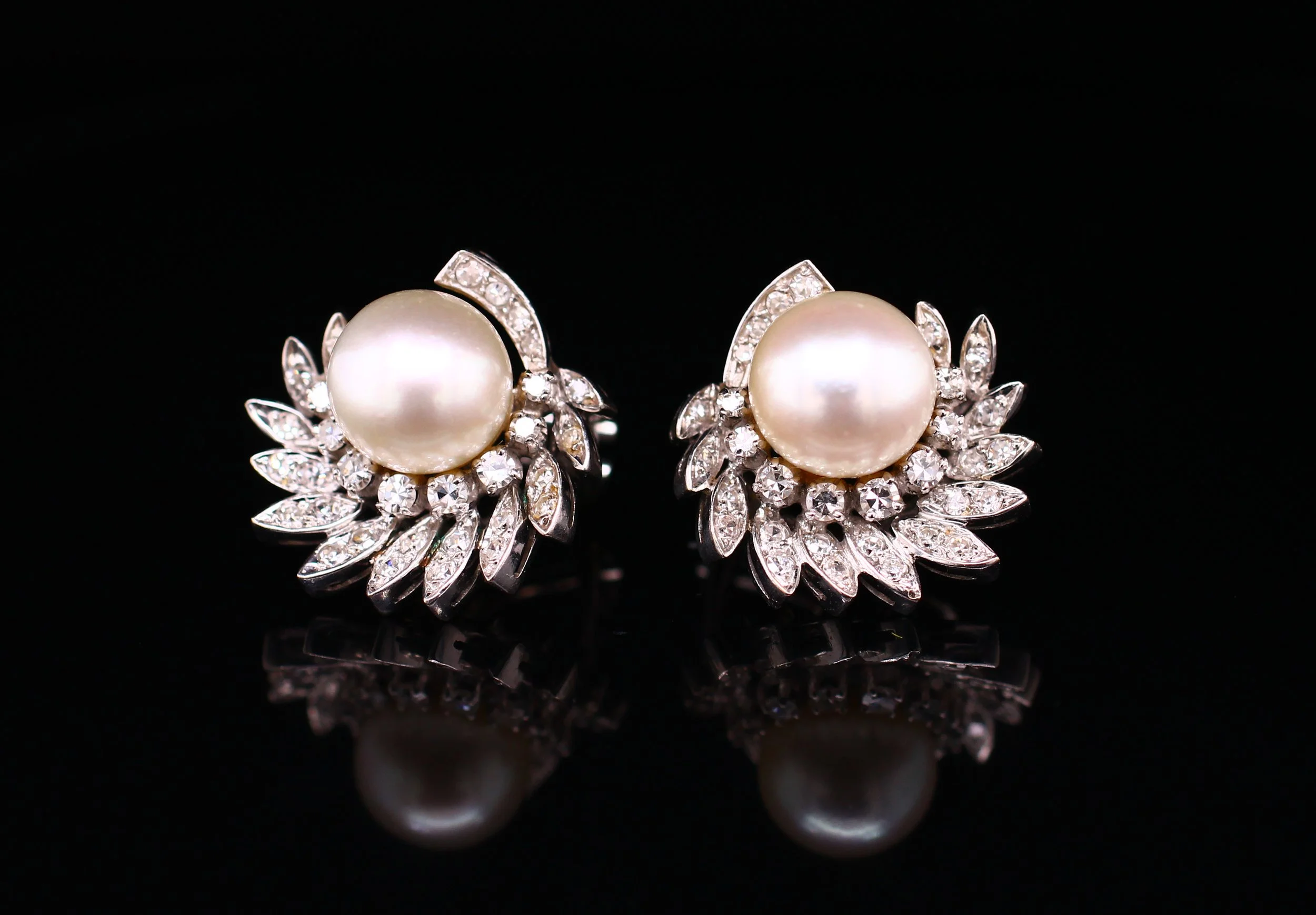 Vintage Cultured Pearl & Diamond Swirl Clip Earrings