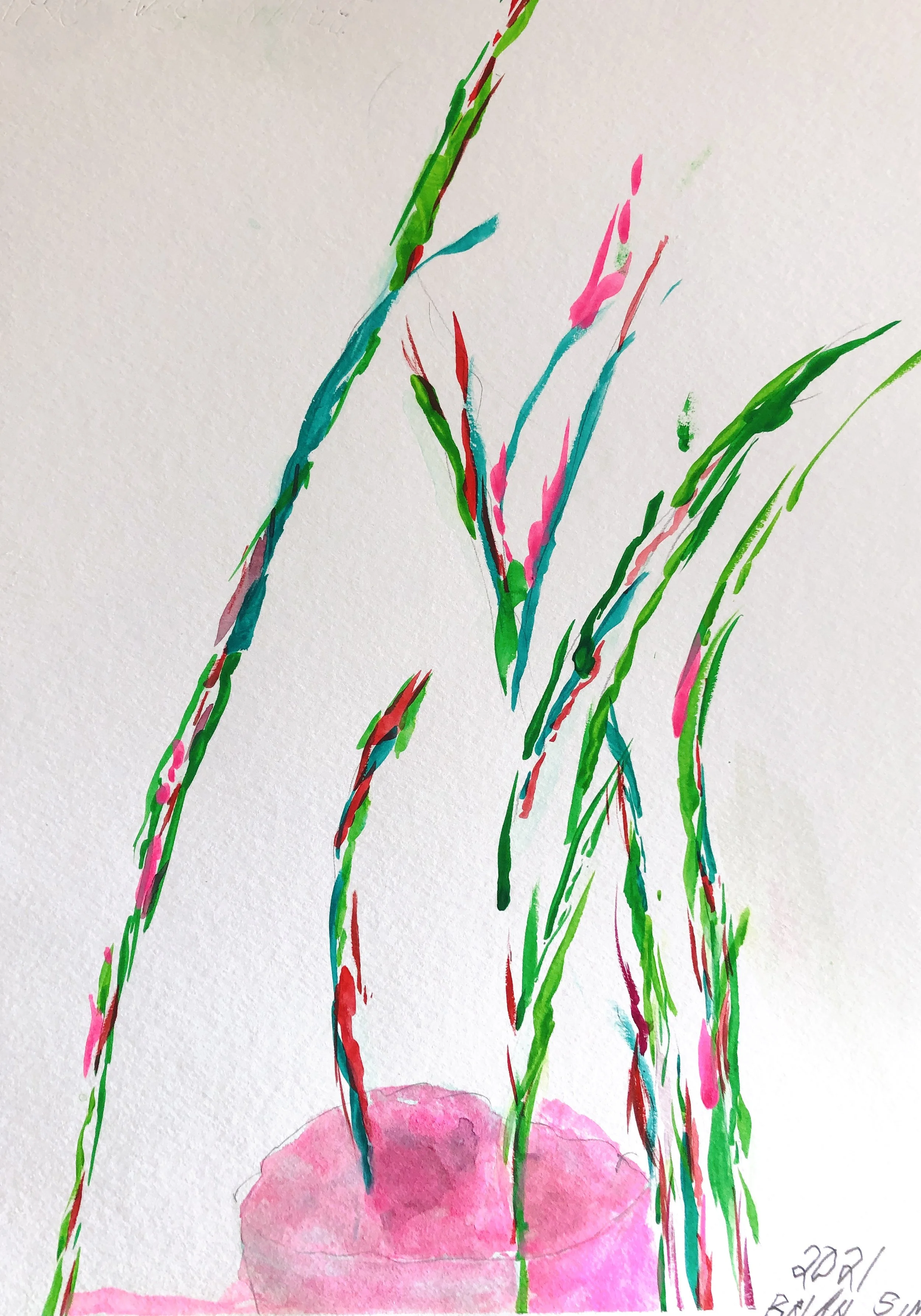 Brian Sime - Untitled (Green, Red Leaves with Pink Base)